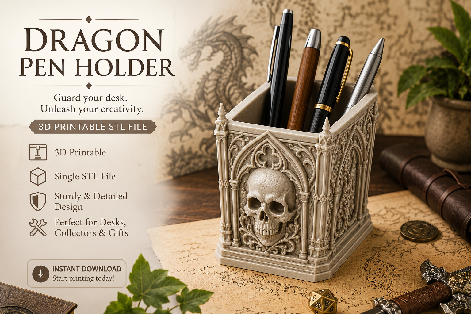 Gothic Skull Pen Holder STL | Dark Fantasy 3D Printable Desk Organizer - Image 3