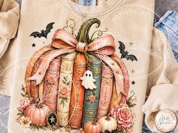 Halloween Books PNG - Pumpkin Stack with Bow & Ghost - Image 2