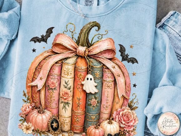 Halloween Books PNG - Pumpkin Stack with Bow & Ghost - Image 5