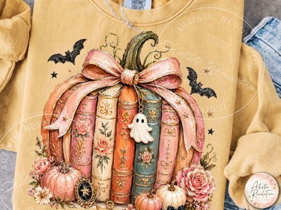 Halloween Books PNG - Pumpkin Stack with Bow & Ghost - Image 6