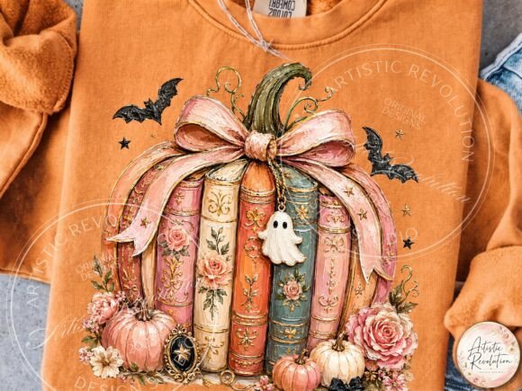 Halloween Books PNG - Pumpkin Stack with Bow & Ghost - Image 4