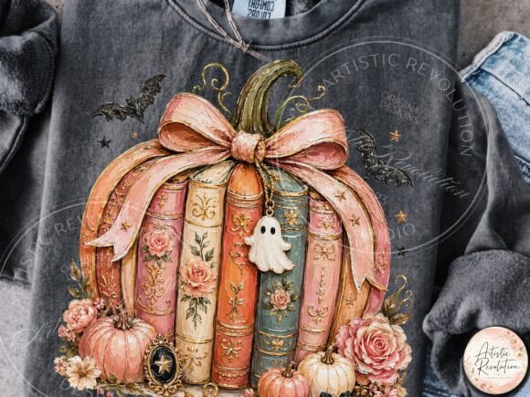 Halloween Books PNG - Pumpkin Stack with Bow & Ghost - Image 7