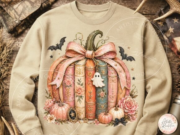 Halloween Books PNG - Pumpkin Stack with Bow & Ghost - Image 3