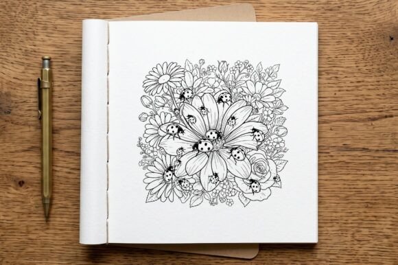 Ladybugs on Daisies Coloring Page