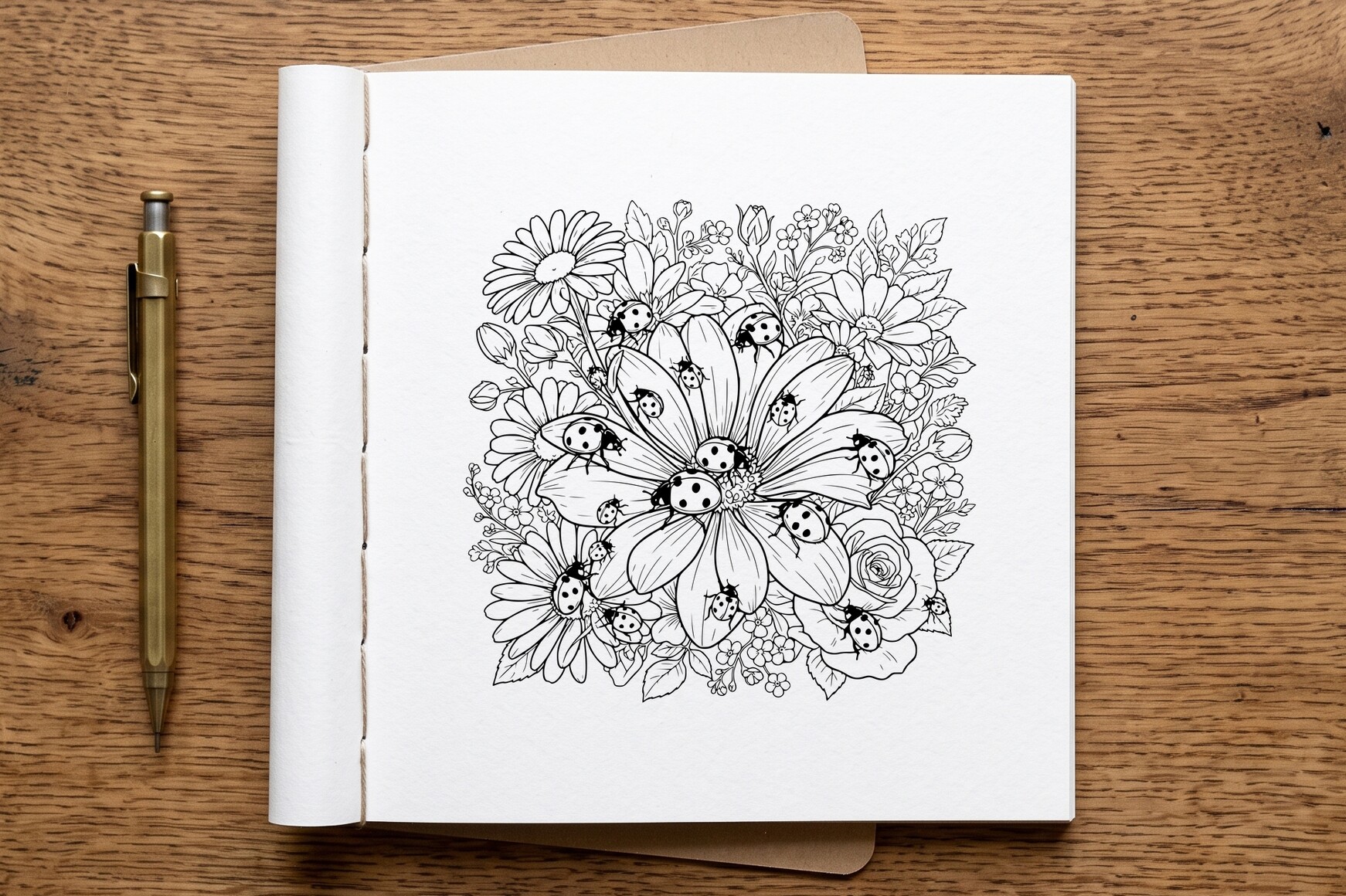 Ladybugs on Daisies Coloring Page