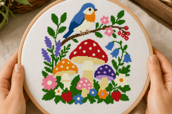 Mushroom Garden Bird Cross Stitch
