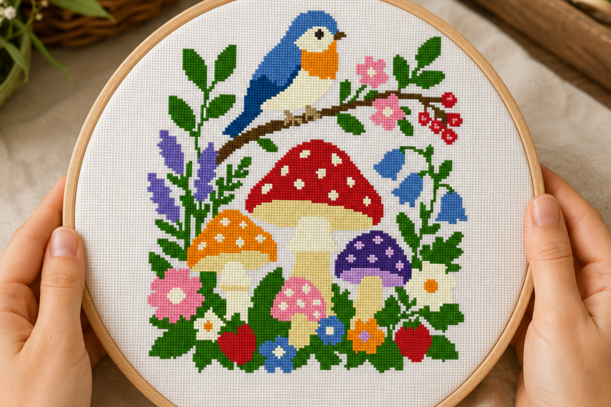 Mushroom Garden Bird Cross Stitch