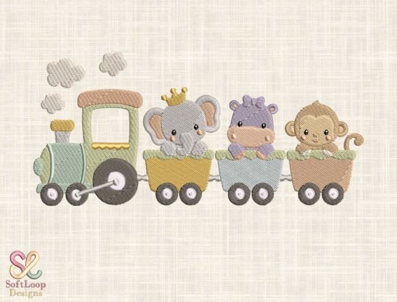 Safari Animal Train Embroidery Design