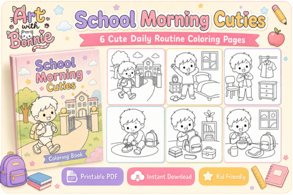 School Morning Routine Coloring Page Set