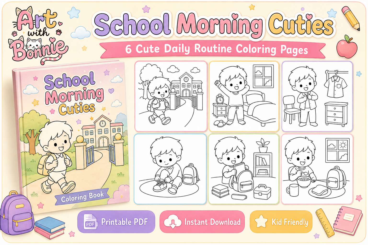 School Morning Routine Coloring Page Set