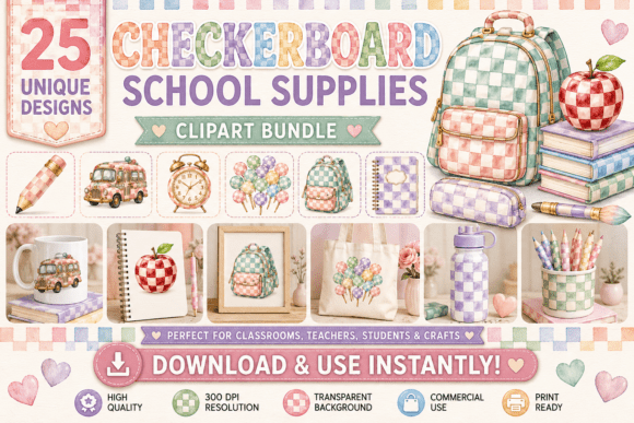 Watercolor Checkerboard School Supplies