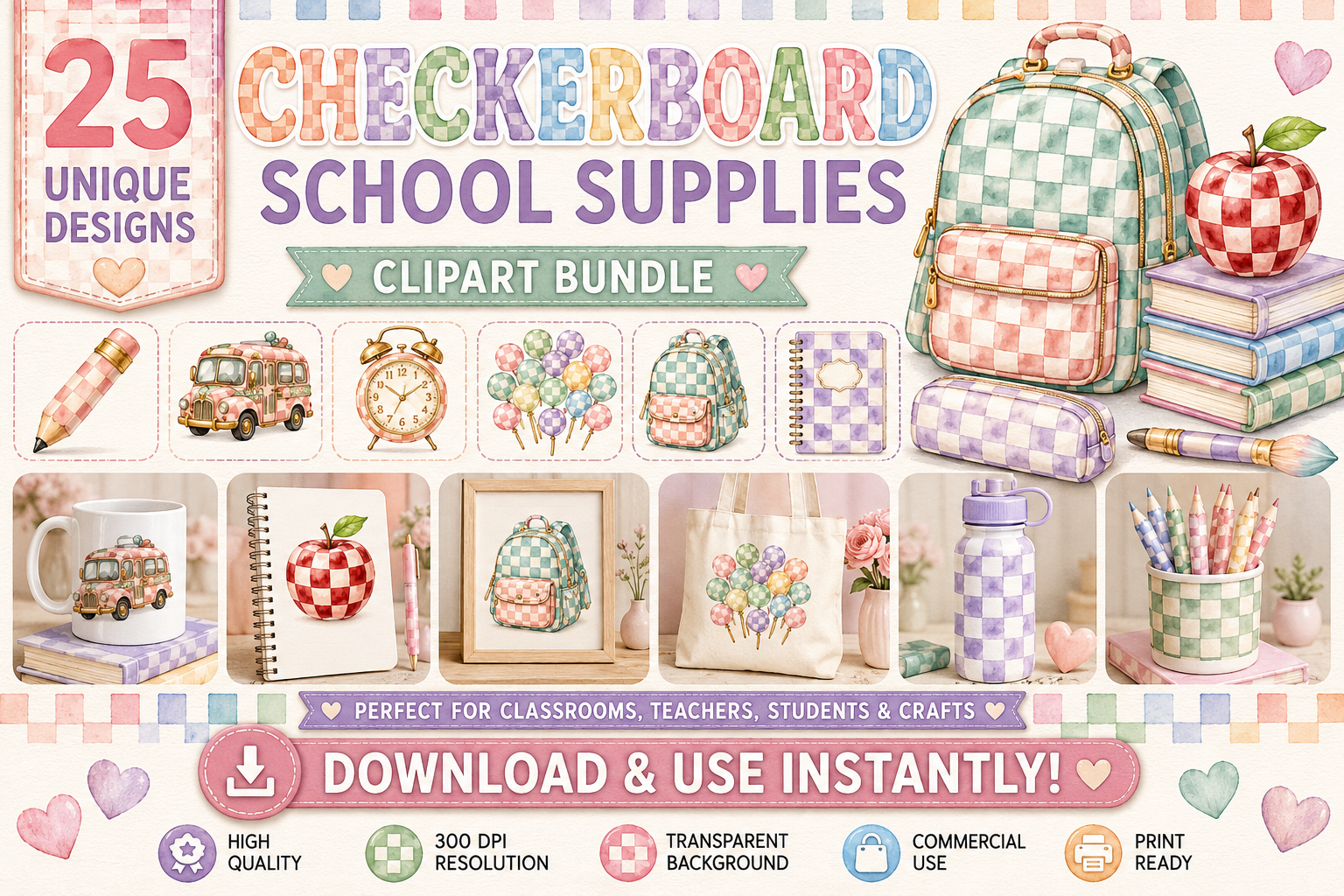 Watercolor Checkerboard School Supplies