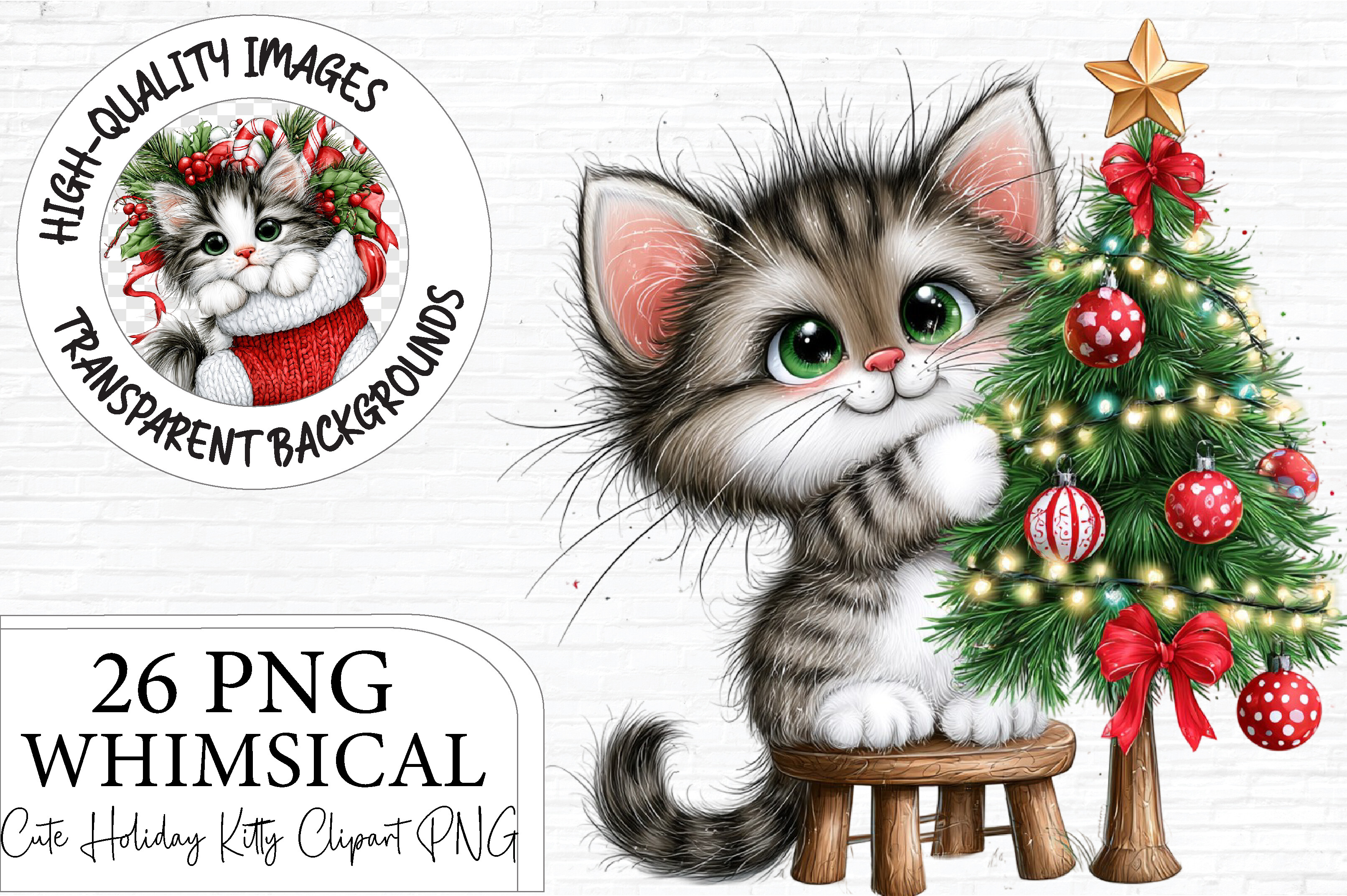 Whimsical Christmas Kitty Clipart PNG