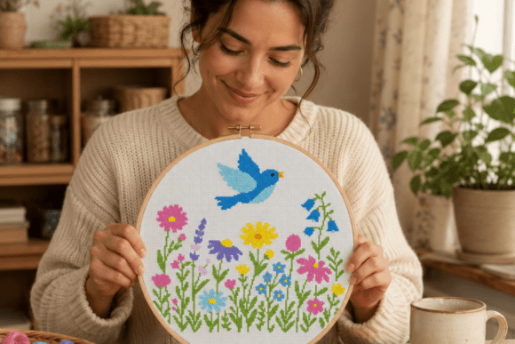 Bird Meadow Flowers Cross Stitch
