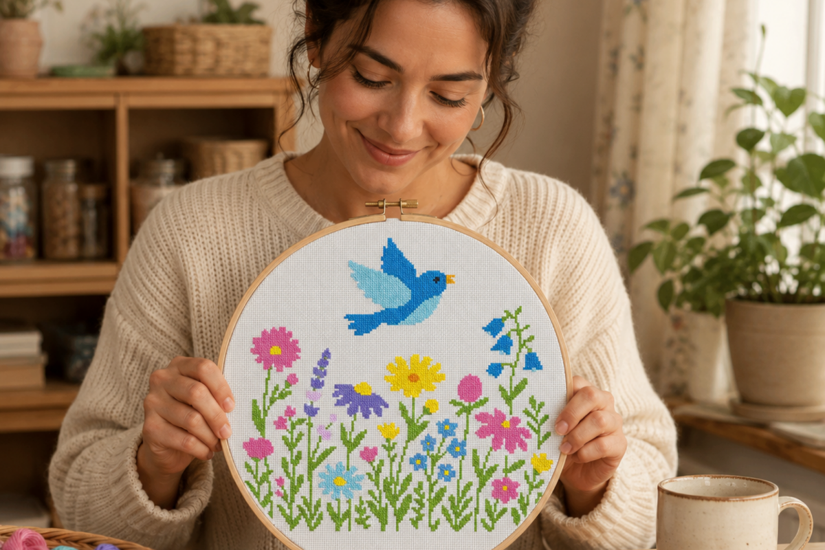 Bird Meadow Flowers Cross Stitch