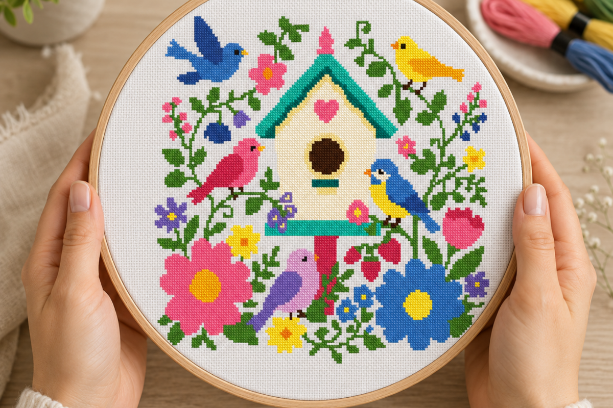 Birdhouse Birds Flowers Cross Stitch