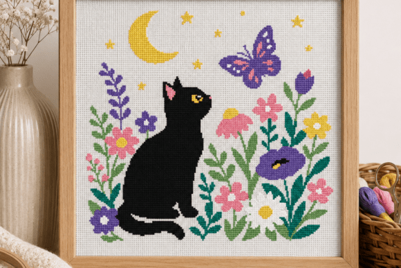 Black Cat Butterfly Cross Stitch