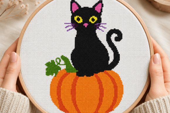 Black Cat Pumpkin Cross Stitch