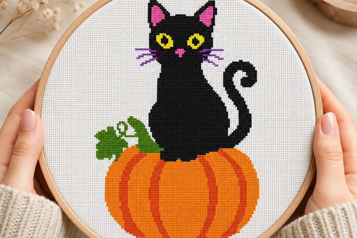 Black Cat Pumpkin Cross Stitch
