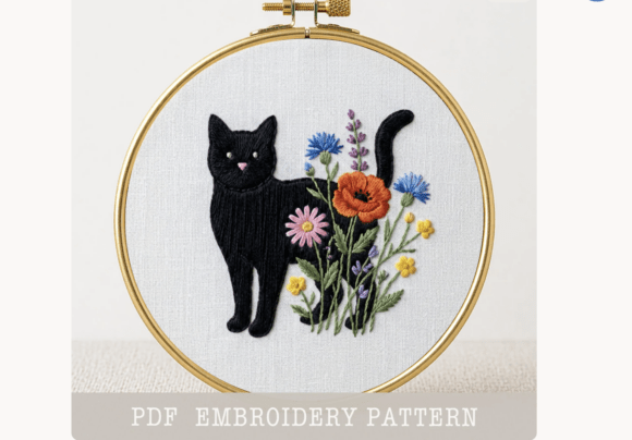 Black Cat Wildflower Embroidery Pattern