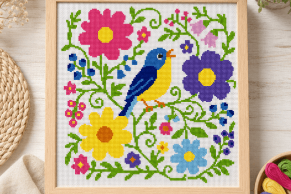 Blue Songbird Floral Cross Stitch
