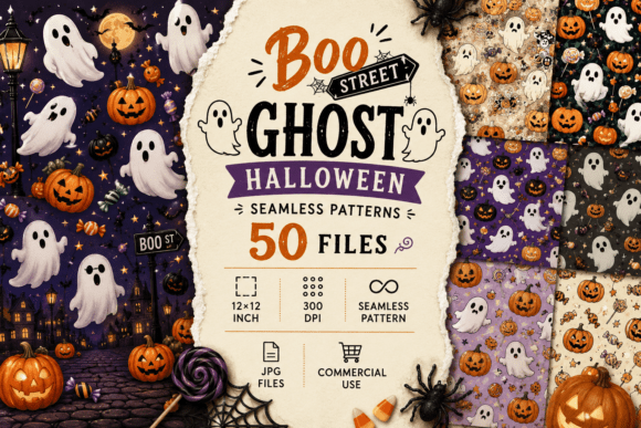 Boo Street Ghost Halloween Seamless Patterns