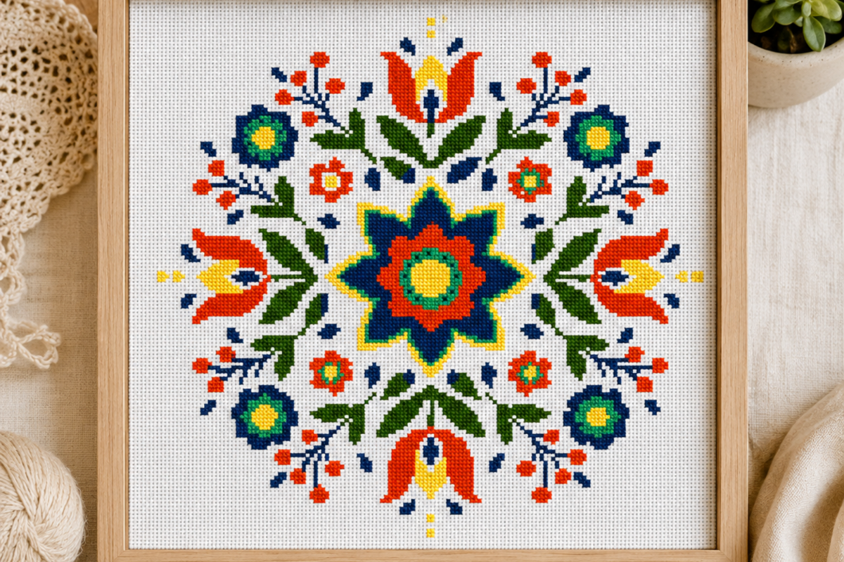 Botanical Star Mandala Cross Stitch