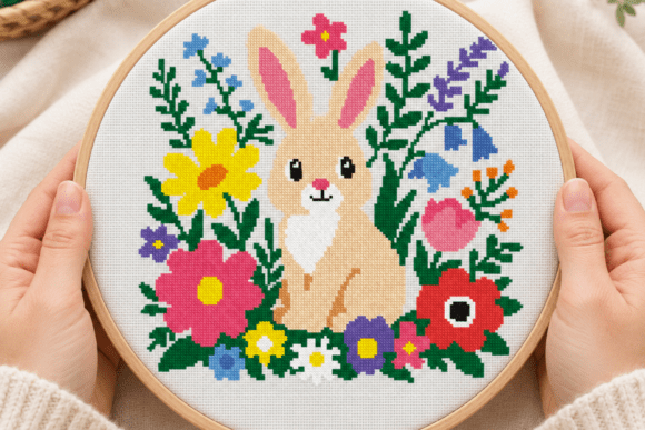 Cute Bunny Floral Cross Stitch Pattern