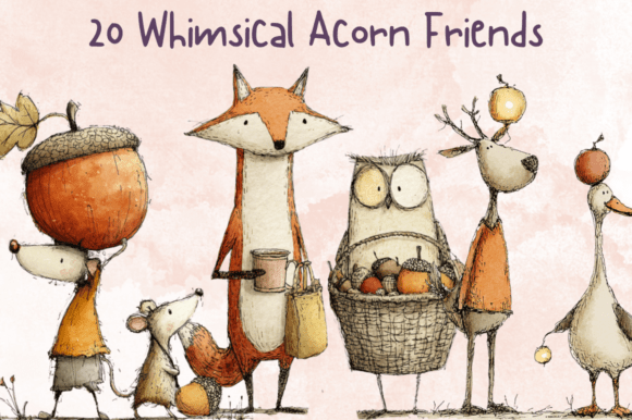 Fall Acorn Friends Whimsical Clipart