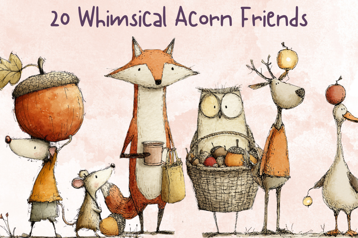 Fall Acorn Friends Whimsical Clipart