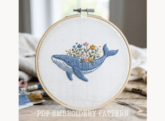 Floral Whale Embroidery Pattern