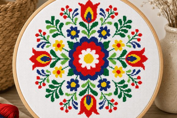 Folk Blossom Mandala Cross Stitch