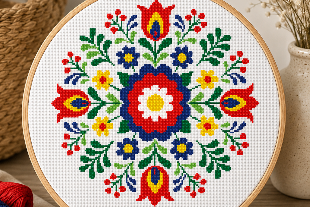 Folk Blossom Mandala Cross Stitch