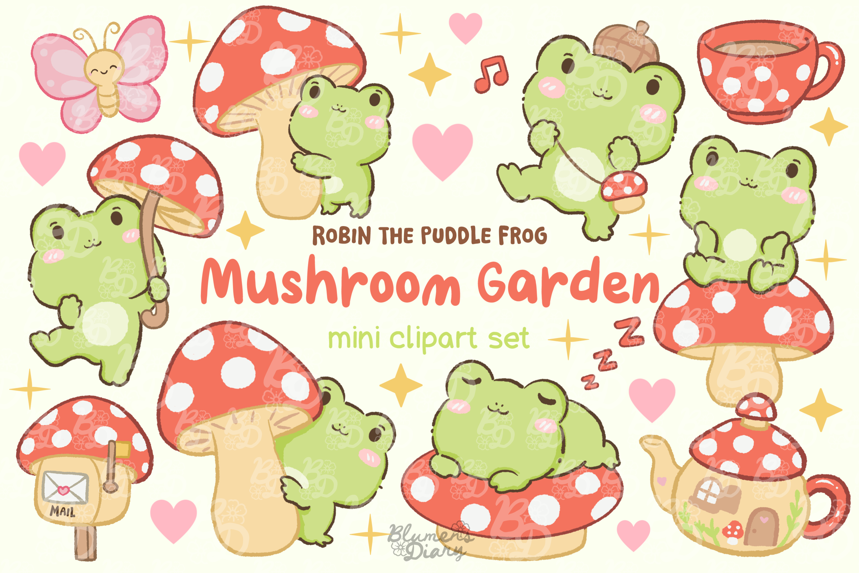 Kawaii Mushroom Garden Frog Clipart
