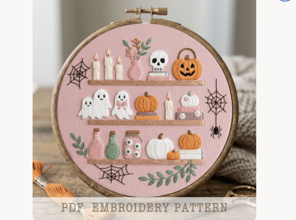 Spooky Bookshelf Embroidery Pattern