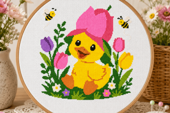 Tulip Hat Duckling Cross Stitch
