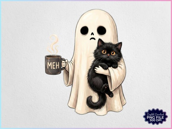Cute Halloween Ghost with Black Cat PNG