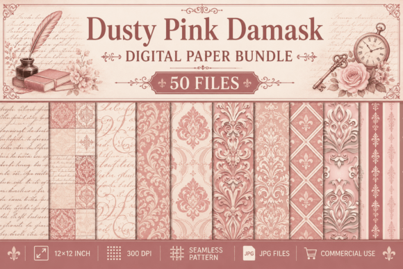 Dusty Pink Damask Seamless Digital Paper