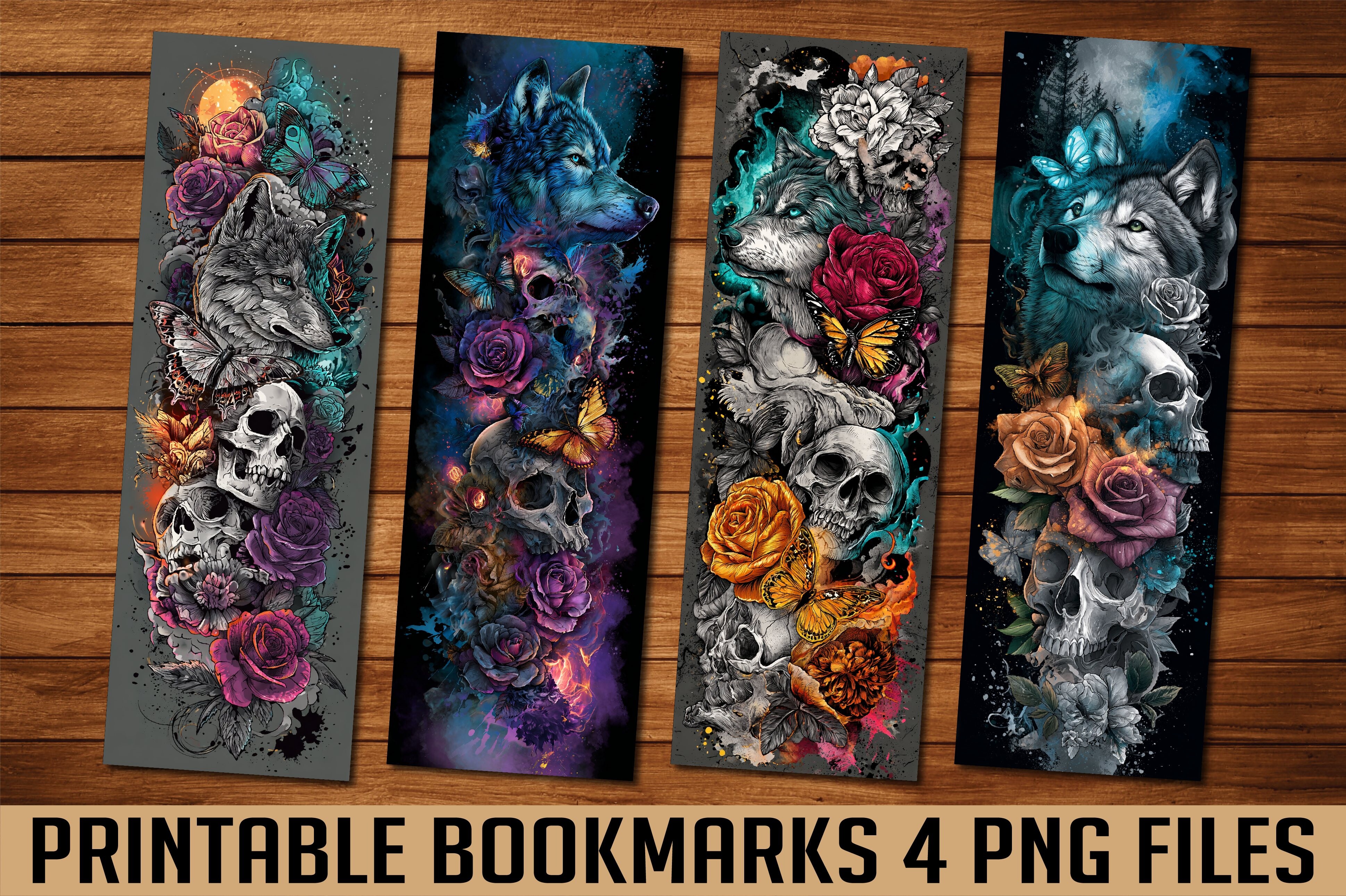 Gothic Wolf Skull Floral Bookmark PNG
