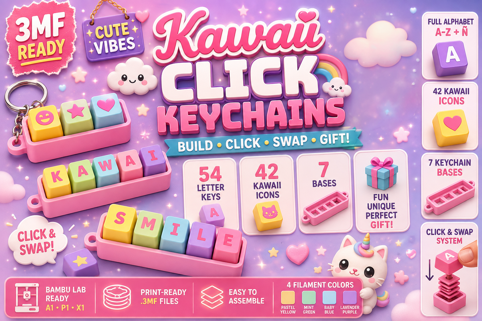 Kawaii Click Keychains | 3D Print 3MF Swappable Alphabet & Icons - Image 8