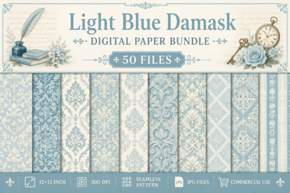Light Blue Damask Seamless Digital Paper