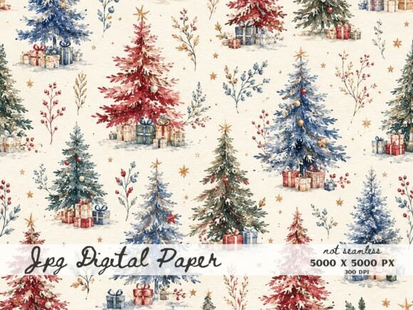 Red Blue Christmas Tree Digital Paper, W