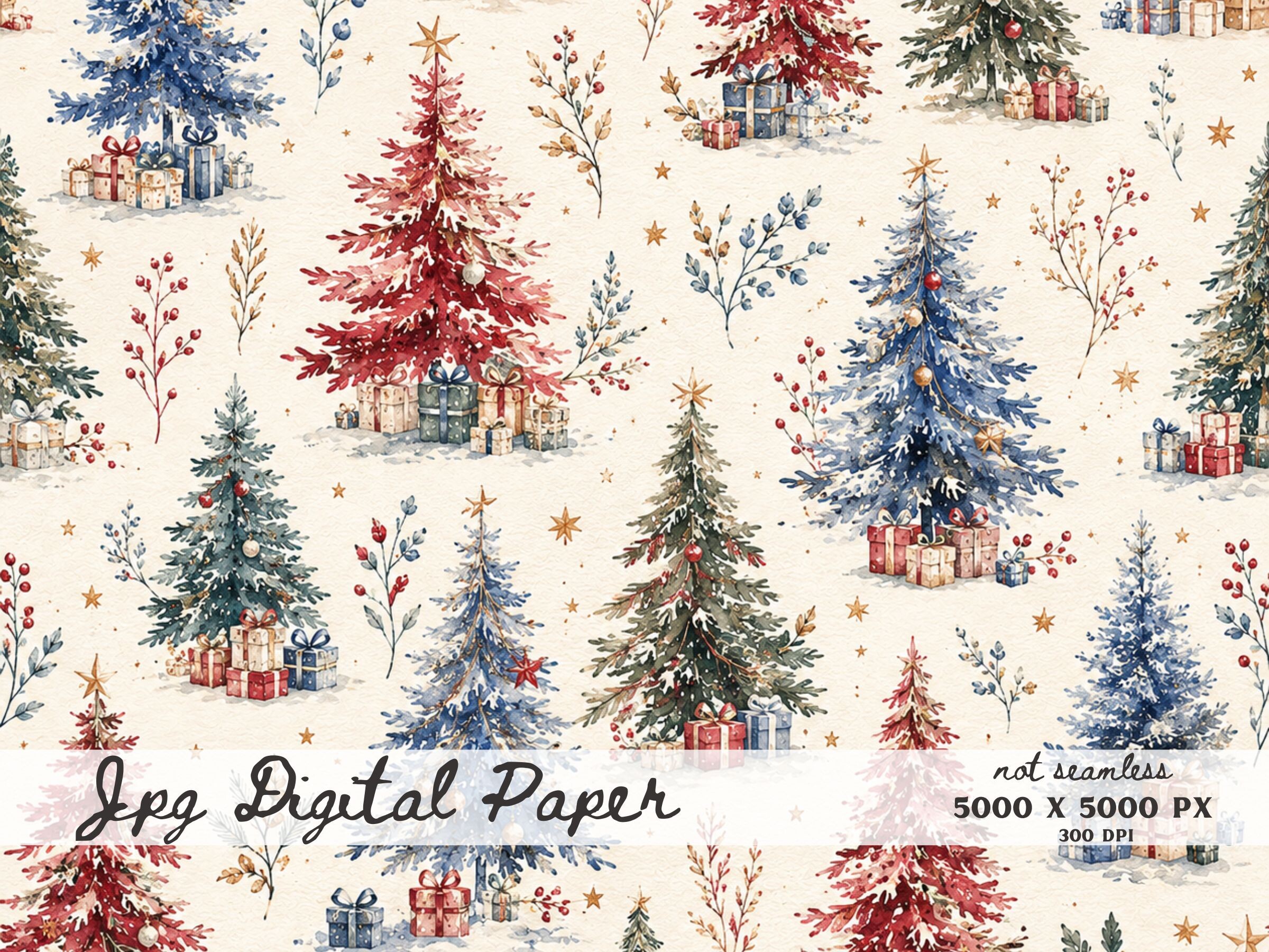 Red Blue Christmas Tree Digital Paper, W