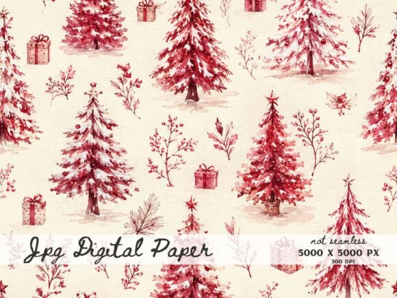 Red Christmas Tree Digital Paper, Monoch