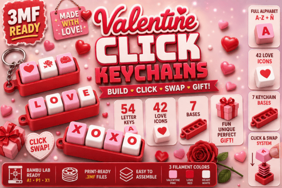 Valentine Click Keychains | Swappable 3D Print Love Note System - Image 1