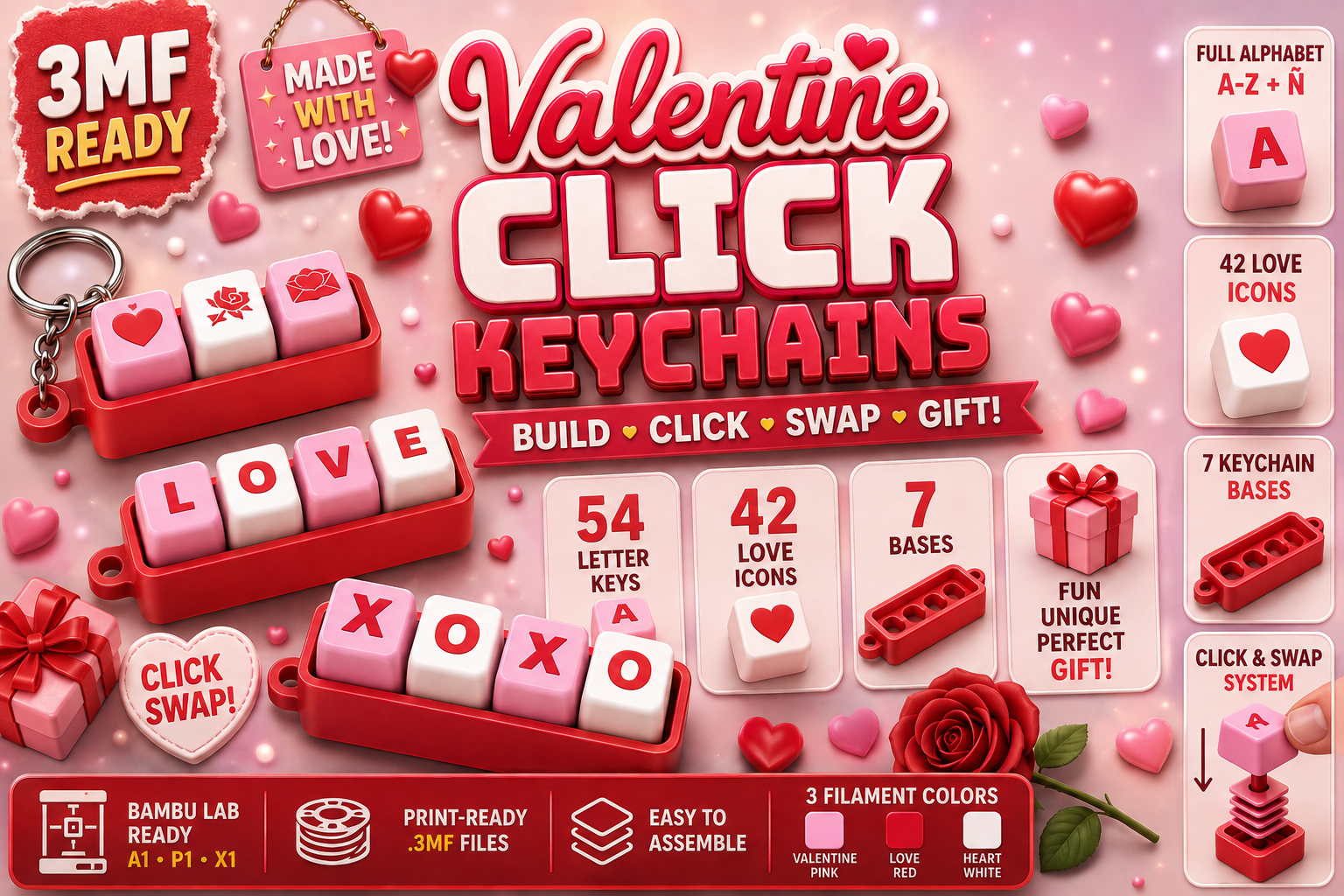 Valentine Click Keychains | Swappable 3D Print Love Note System - Image 7