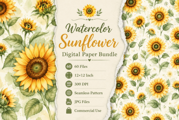Watercolor Sunflower Digital Paper