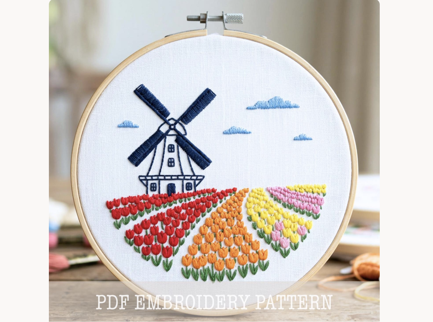 Windmill Tulip Field Embroidery Pattern