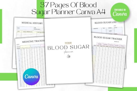 37 Pages of Blood Sugar Planner Canva A4
