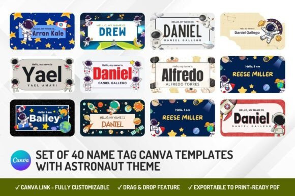 Astronaut name tag Canva templates with space-themed elements
